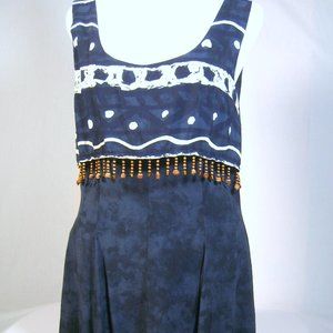 Just Choon Mini Tank Dress Navy Cream, Fringe Beaded Front Zipper Back with Tie